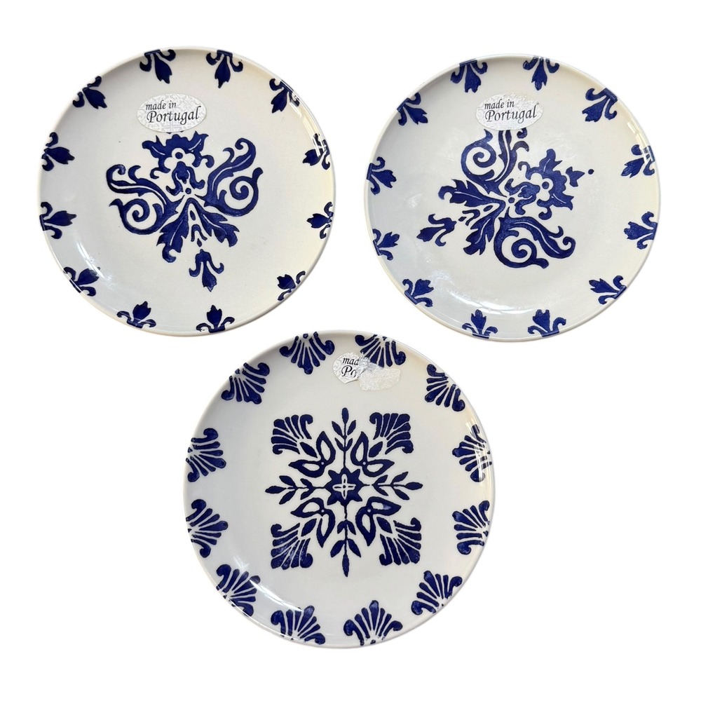 CMG Hand Made in Portugal Blue White Ceramic Appetizer Plates Set of 3 6.5"